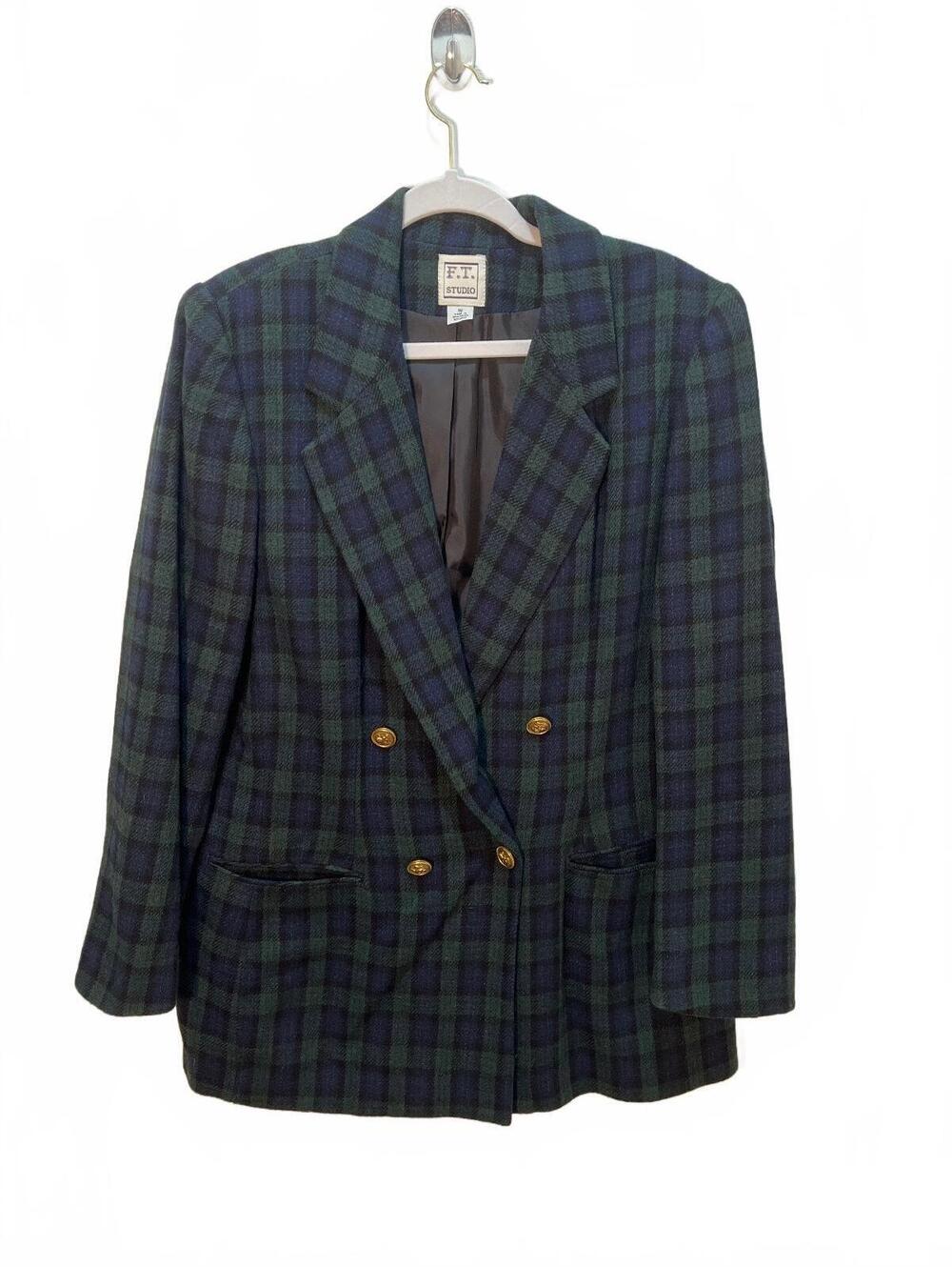 F.T. Studio Women's Double-Breasted Plaid Wool Blend Blazer Size 16